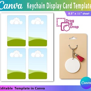May include: A Canva keychain display card template with four landscape-style design spaces. A blank white keychain with a red tassel hangs on a tan card. The text reads "Keychain Display Card Template" and "Editable Template in Canva".