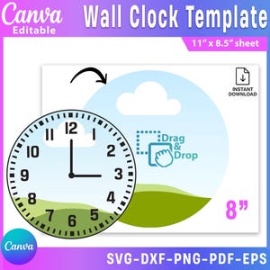 Op de afbeelding: Een witte wandklok sjabloon met de tekst "Wall Clock Template" en "Editable". De wijzerplaat is zwart en wit, met de wijzers die naar 3 uur wijzen. De sjabloon staat op een vel van 27,9 cm x 21,6 cm.