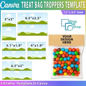 Puede incluir: Una plantilla de Canva para bolsas de golosinas con tamaños como 7,6 cm x 7,6 cm, 16,5 cm x 6,4 cm, 13 cm x 4,8 cm, 10,2 cm x 4,8 cm y 16,5 cm x 5,1 cm. El diseño presenta un paisaje y una bolsa de caramelos. La plantilla está en una hoja de 27,9 cm x 21,6 cm, con una función "Arrastrar y soltar".