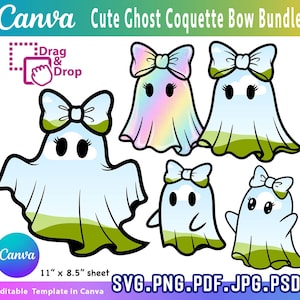 Peut inclure: Un ensemble de motifs numériques avec des illustrations de fantômes mignons avec des nœuds. Les fantômes sont blancs avec des accents verts et pastel. Le texte indique "Cute Ghost Coquette Bow Bundle". La taille de la feuille est de 27,9 cm x 21,6 cm.