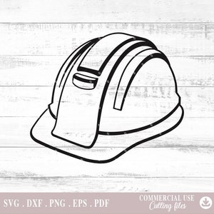 May include: A black and white outline drawing of a hard hat. The hard hat has a brim and a strap.