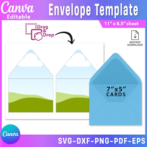 May include: A light blue envelope template with the text "7"x5" CARDS" and "Envelope Template". The template is designed for an 11" x 8.5" sheet and includes a "Drag & Drop" feature. The design is available for instant download.