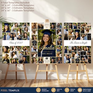 Könnte beinhalten: Drei Abschlussfoto-Collage-Vorlagen auf Holzstaffeleien. Der Text umfasst "Class of 2027", "Amelia", "She Did It" und "The Future is Bright". Die Vorlagen bieten mehrere Fotofelder, Doktorhut-Symbole und Maße von 46x61cm, 51x76cm und 61x91cm.