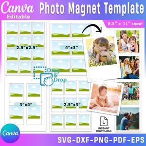 Puede incluir: Una plantilla de imán de fotos de Canva con varios tamaños de fotos, incluidas opciones de 6,35 cm x 6,35 cm, 10,16 cm x 7,62 cm, 7,62 cm x 10,16 cm y 6,35 cm x 7,62 cm. La plantilla está en una hoja de 21,59 cm x 27,94 cm y presenta un diseño de arrastrar y soltar.