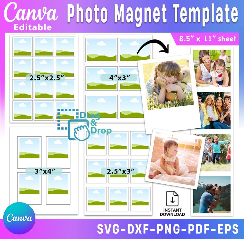 May include: A Canva photo magnet template with various photo sizes, including 6.35cm x 6.35cm, 10.16cm x 7.62cm, 7.62cm x 10.16cm, and 6.35cm x 7.62cm options. The template is on a 21.59cm x 27.94cm sheet and features a drag-and-drop design. The template is editable and available for instant download.