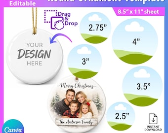 Bundel met ronde ornamenten in Canva-sjabloon | Bewerkbare kerstornamentontwerpen | Printbare ornamentmockups | Sjabloonen voor kerstornamenten - AB928