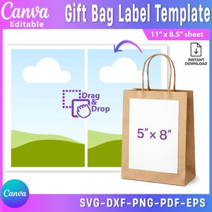 Peut inclure: Un sac cadeau en papier brun avec une étiquette blanche indiquant "5" x 8". L'image comprend également une conception de modèle avec le texte "Gift Bag Label Template" et "Drag & Drop". La taille de la feuille est de 27,9 cm x 21,6 cm.