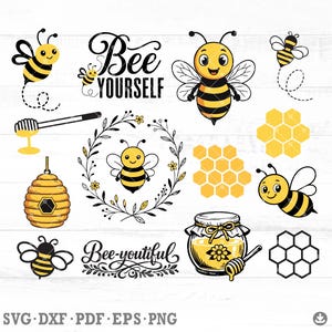 Bee SVG Bundle, Honey Bee Clipart, Honeycomb and Beehive Cut Files, Honey Jar Vector, Floral Bee Wreath, Digital Download - AB1001