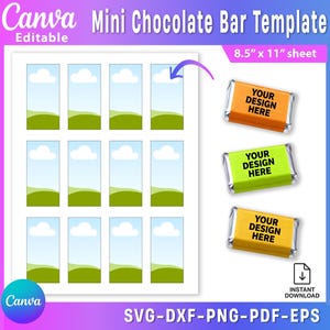 Peut inclure: Un modèle Canva imprimable pour mini barres chocolatées. Le design présente une feuille avec 12 scènes de paysage de ciel et d'herbe, et trois barres chocolatées emballées avec le texte "YOUR DESIGN HERE". La feuille mesure 21,6 cm x 27,9 cm.