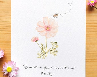 Affiche A5 à l'aquarelle - Cosmos et Abeille