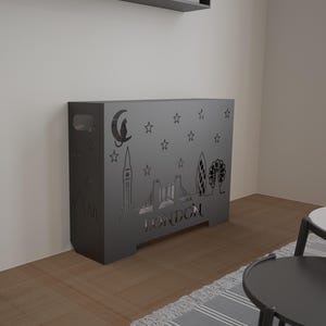 May include: A dark gray metal radiator cover featuring a cut-out design of the London skyline, including Big Ben, the London Eye, and the word "LONDON". The cover also has star and moon cutouts.