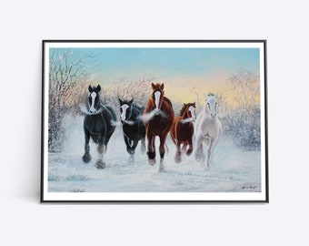 Winterpferde Kunstdruck - Winter reiterisches Haustier Poster Kunstdruck
