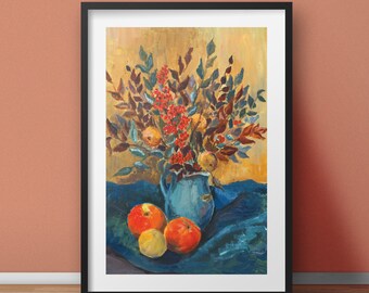 Vintage 1970 Wall Art - Floral Oil Painting Art Poster Print