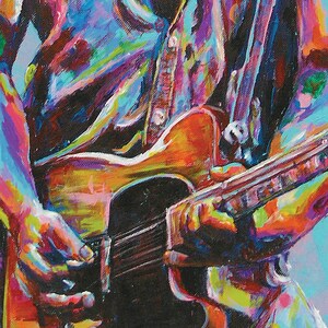 May include: A colorful painting of a person playing a guitar. The guitar is brown and black with a bright orange body. The person's hand is on the fretboard, and the other hand is on the body of the guitar. The painting is done in a vibrant style with bright colors.