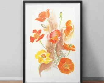 Vintage Poppy Embroidery Print -  Retro Embroidery Wall Art