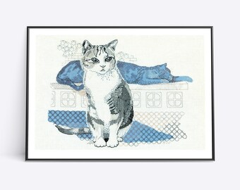 Vintage Cat Embroidery Art Print - Cat Gifts Poster Art Print