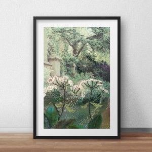 May include: A framed print of a watercolor painting depicting a lush green garden with white flowers and a stone wall in the background.