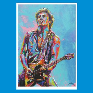 May include: A colorful painting of a musician playing a guitar. The musician is wearing a blue and green shirt and a black vest. The guitar is red, orange, and yellow. The background is a light blue with pink and purple clouds.