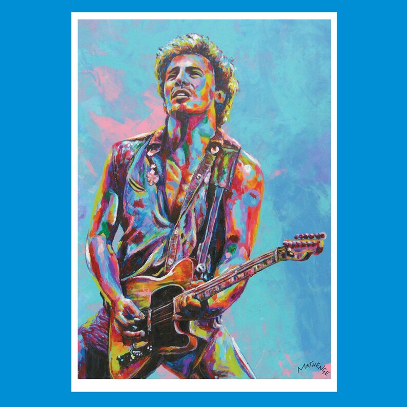 May include: A colorful painting of a musician playing a guitar. The musician is wearing a blue and green shirt and a black vest. The guitar is red, orange, and yellow. The background is a light blue with pink and purple clouds.