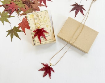 Japanese maple necklace - pressed Japanese Maple leaf in eco resin on gold or silver stainless steel chain -  real leaf (J/NECK MAP 1)