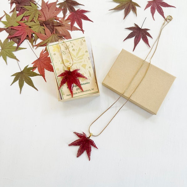 Japanese maple necklace - real pressed Japanese Maple leaf in eco resin on gold-plated chain - red leaf grown in NJ (J/NECK MAP 1)