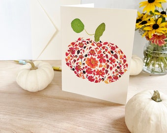 Floral Pumpkin - Printed pressed flowers blank greeting card - Halloween card - folded 5x7 blank card and envelope (M/CARD PUM 1)