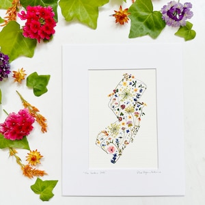 The Garden State - gesigneerde gematteerde print van New Jersey Wildflowers - NJ-kaartcadeau - 5 x 7-afdruk gematteerd in 8 x 10 mat - bloemendecor (MA/PRIN GAR 1)