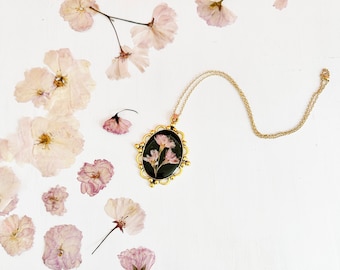 Romantic cherry blossom necklace - real sakura flowers in large golden pendant on chain - Victorian vibe -  eco resin jewelry (J/NECK CHE 1)
