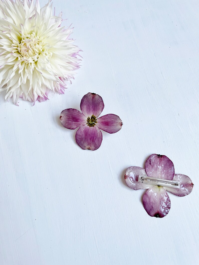 May include: Two purple flower hair clips with a white background. The flower clips are made from real pressed flowers.