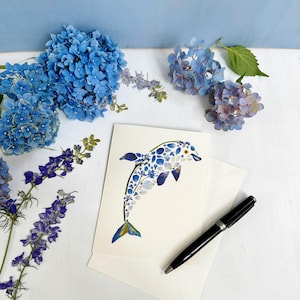 Botanical Dolphin - Printed pressed flowers greeting card - dolphin flower collage - folded 5x7 blank card and envelope (M/CARD DOL 1)