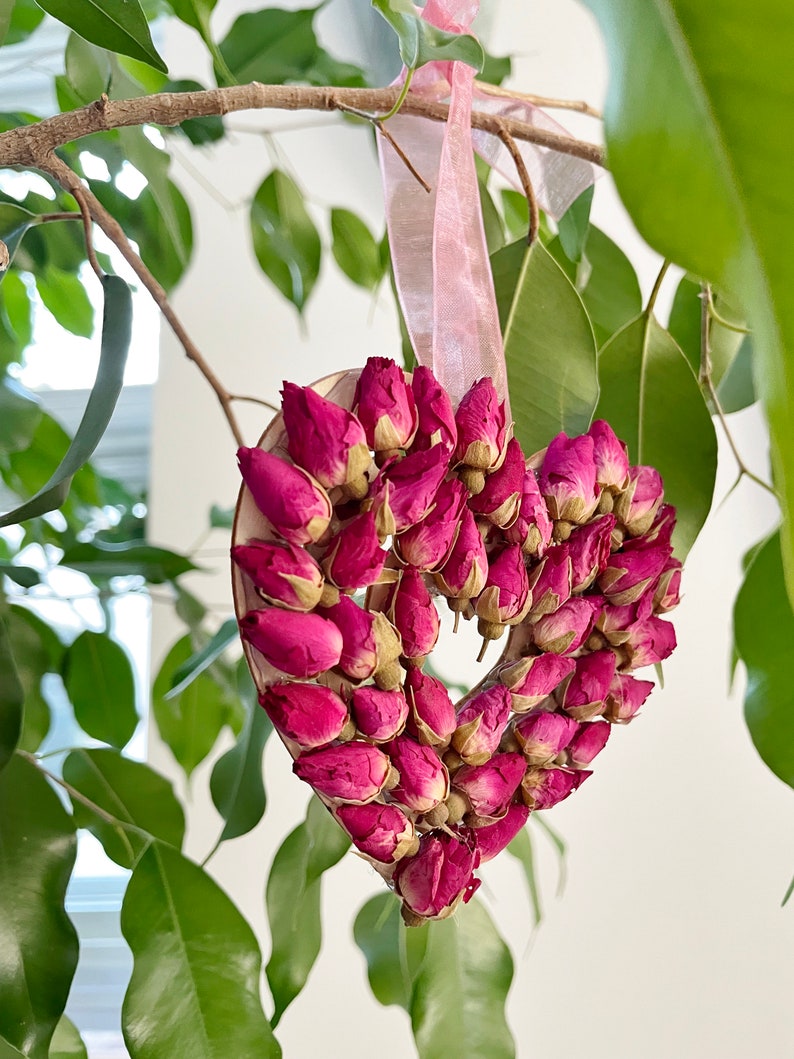 Heart ornament with real dried roses heart covered with pink rosebuds made in NJ dry flowers holiday ornament M/HEAR ROS 2 image 7