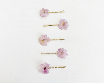 Real flower hair pin - pressed cherry blossom in resin on bobby pin - pink cherry blossom - Sakura - can be customized  (J/HAIR CHE 1)