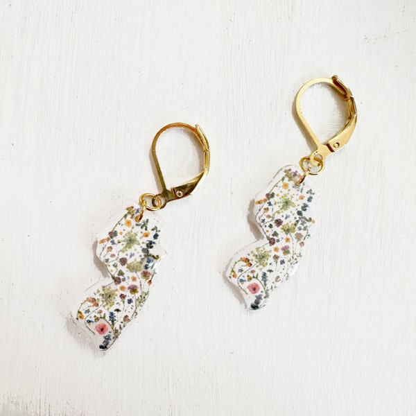 The Garden State New Jersey Earrings - print of real pressed flowers in the shape of NJ - eco resin -hypoallergenic earrings (J/EARR NJ 1)