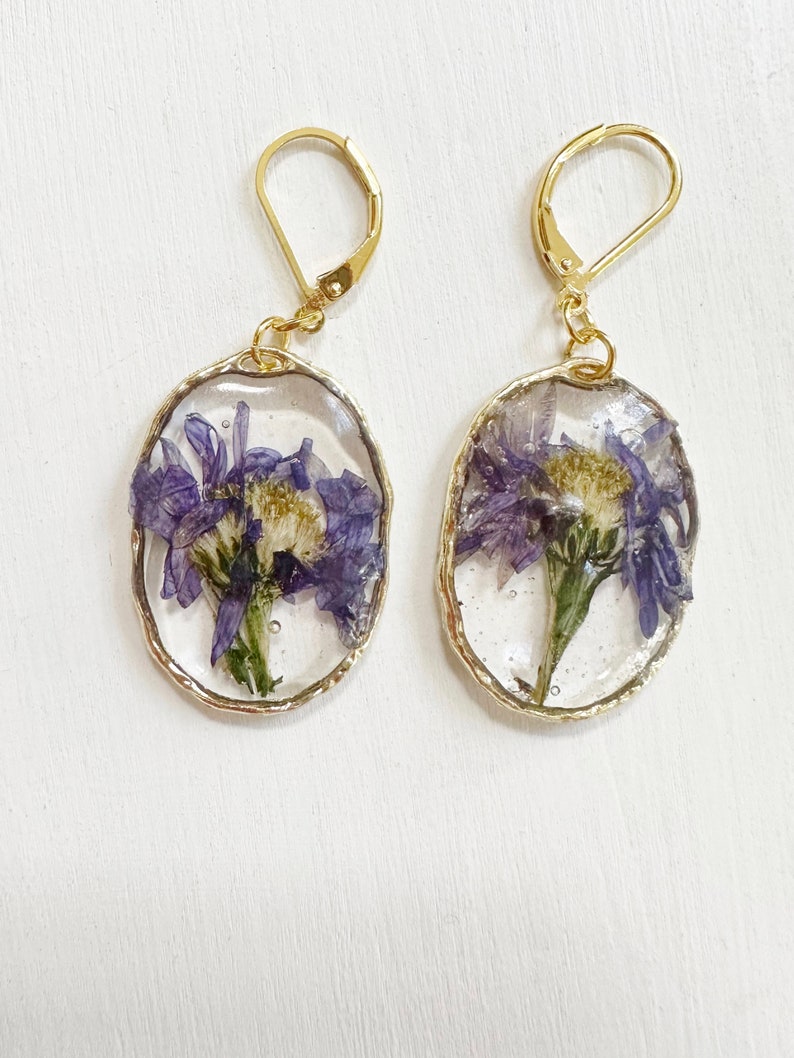 Aster earrings real flowers September birth flower eco resin floral jewelry hypoallergenic gold earrings J/EARR AST 1 image 3