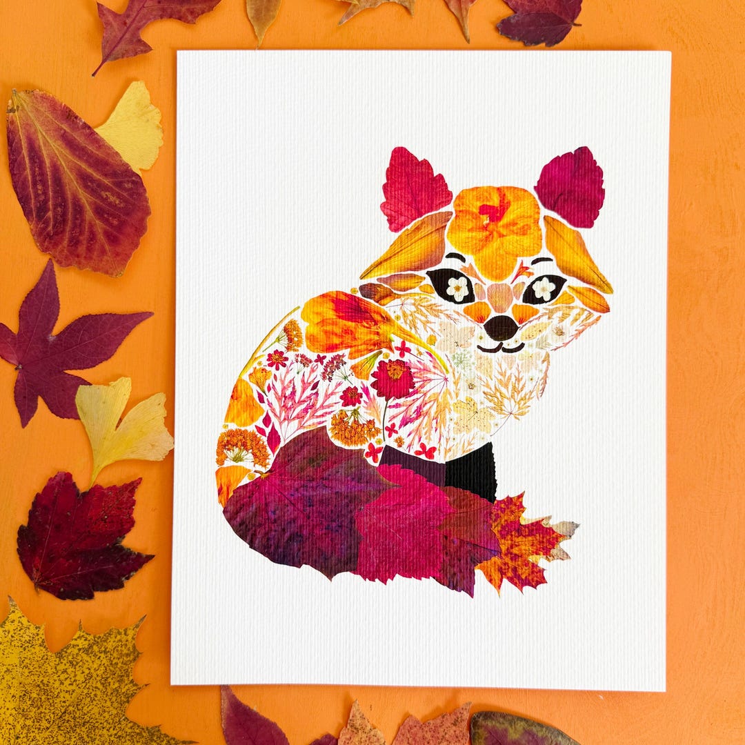 Prin Fox Floral Fox - Signed Print Made of Pressed Flowers and Leaves - 8.5 X 11 ...
