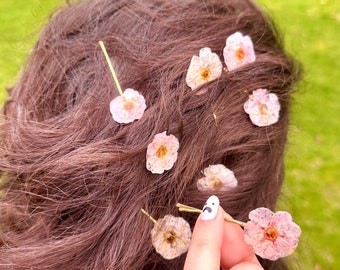 Real flower hair pin - pressed cherry blossom in resin on golden bobby pin - ume Japanese apricot - can be personalized  (J/HAIR UME 1)