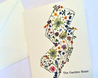 The Garden State - New Jersey Wildflowers Greeting Card - NJ map gift - folded 5x7 blank card and envelope -floral stationery (M/CARD GAR 1)