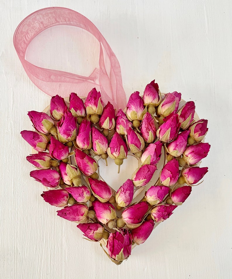 Heart ornament with real dried roses heart covered with pink rosebuds made in NJ dry flowers holiday ornament M/HEAR ROS 2 image 2