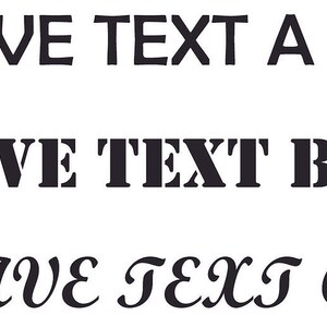 May include: Three examples of text styles for engraving. The first is a simple, blocky font. The second is a bold, blocky font. The third is a cursive font.