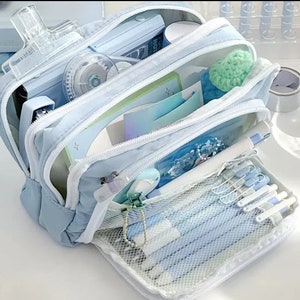 Ice Blue Large Capacity Pencil Bag Aesthetic School Cases Girl Korean Stationery Holder Bag Pen Case Students