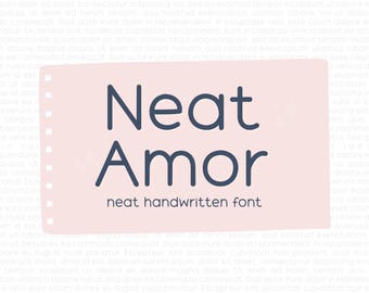 Puede incluir: Un rectángulo rosa y blanco con esquinas redondeadas y un borde punteado. El texto "Neat Amor" está escrito en una fuente manuscrita azul oscuro. Debajo del texto está la frase "neat handwritten font".
