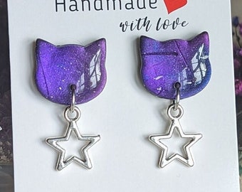 Pendientes con cabeza de gato azul y morado. Joyas efecto galaxia, cielo estrellado. Pendientes animales de acero dorado.