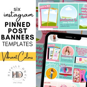 May include: Six colorful Instagram post banner templates with text that says "Welcome to your brand" and "Never start from scratch again. Templates that make life a breeze!" The templates are displayed on a smartphone screen.