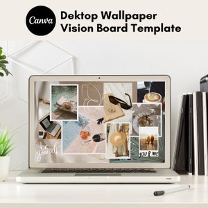 Può includere: Uno schermo di computer portatile che mostra una vision board con immagini di una spiaggia, un bicchiere di vino, un cappello e una coppia che cammina sulla spiaggia. Il testo "be yourself" e "you & me" è visibile sullo schermo.