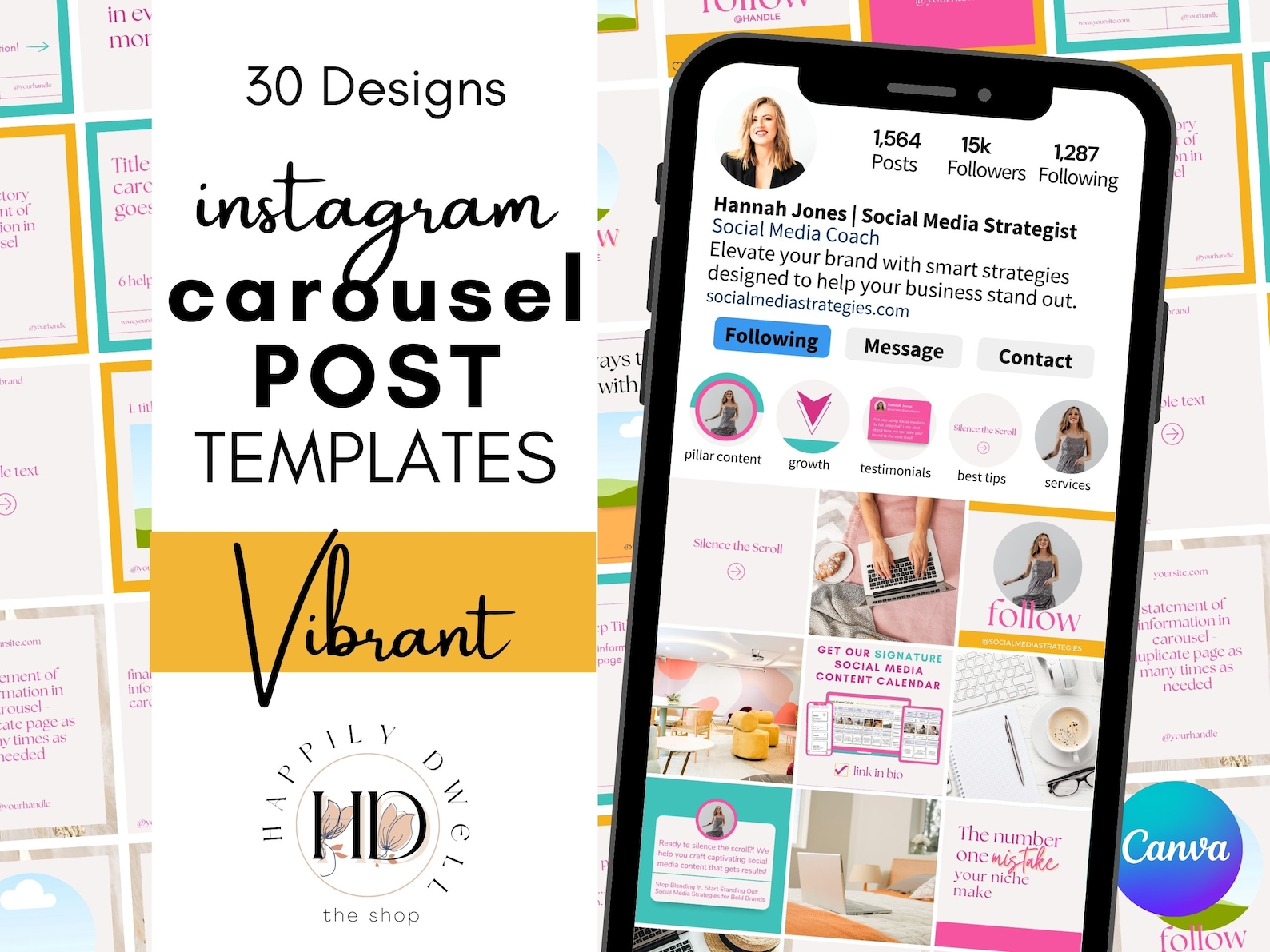 Vibrant Instagram Carousel Canva Template: 30 Editable Posts (digital ...