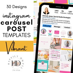 May include: A phone screen displaying a social media carousel post template design with a vibrant color scheme. The template features a variety of images and text, including a woman's headshot, a laptop, and a cup of coffee. The text on the screen reads "30 Designs", "Instagram Carousel Post Templates", "Vibrant", "Hannah Jones | Social Media Strategist", "Social Media Coach", "Elevate your brand with smart strategies designed to help your business stand out.", "socialmediastrategies.com", "Following", "Message", "Contact", "pillar content", "growth", "testimonials", "best tips", "services", "silence the scroll", "Get our signature social media content calendar", "follow", "The number one mistake your niche make", "Canva", "follow".