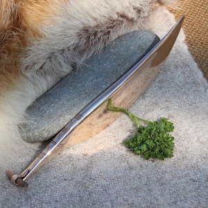 May include: A silver metal tool with a pointed end, resting on a grey stone and a piece of wood. A small sprig of green parsley is next to the tool. The objects are on a light grey, textured surface.