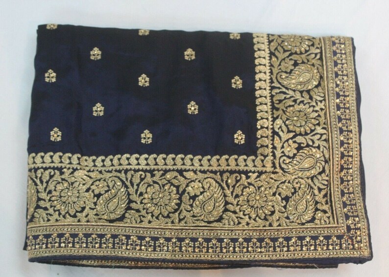 Latest Designer Bollywood Satin Silk Embroidered Zari Work Navy Blue Sari Unstitched Blouse Indian Ethnic Wedding Party Bridal shops Sari