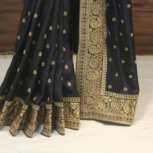 Latest Designer Bollywood Satin Silk Embroidered Zari Work Navy Blue Sari Unstitched Blouse Indian Ethnic Wedding Party Bridal shops Sari