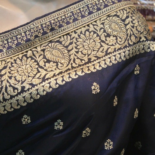 Latest Designer Bollywood Satin Silk Embroidered Zari Work Navy Blue Sari Unstitched Blouse Indian Ethnic Wedding Party Bridal shops Sari
